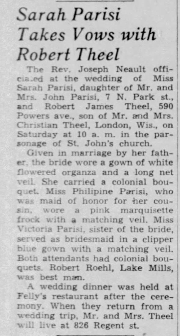 Robert J and Sarah Parisi Theel, marriage announcement